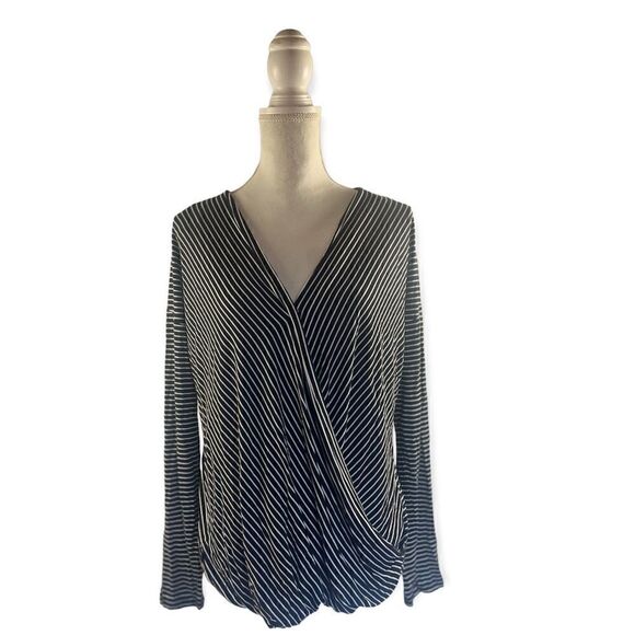 TAHARI LONG SLEEVE SURPLICE STRIPED JERSEY WRAP TOP BLACK WHITE LARGE - Picture 9 of 9